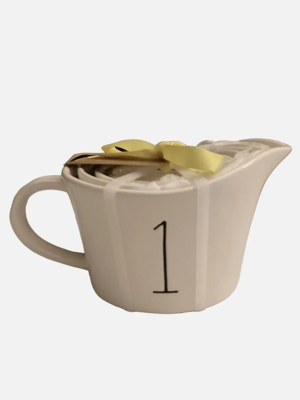 Rae Dunn White Ceramic Creamer with Yellow Ribbon and Belle Illustration